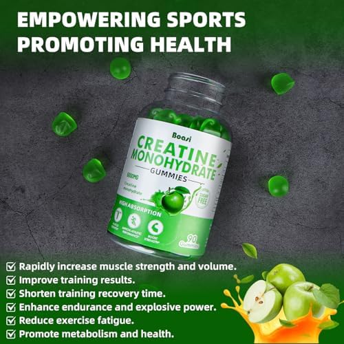 Creatine Monohydrate Gummies 5g Sugar Free Pre Workout Gummies for Women&Men Creatine Supplement Chews for Muscle Strength Muscle Builder Energy Boost Green Apple