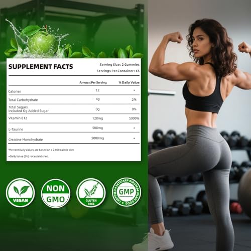 Creatine Monohydrate Gummies 5g Sugar Free Pre Workout Gummies for Women&Men Creatine Supplement Chews for Muscle Strength Muscle Builder Energy Boost Green Apple