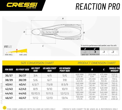 Cressi Adult Snorkeling & Scuba Diving Fins   Powerful Full Foot Pocket Fins   Reaction Pro  Made in Italy