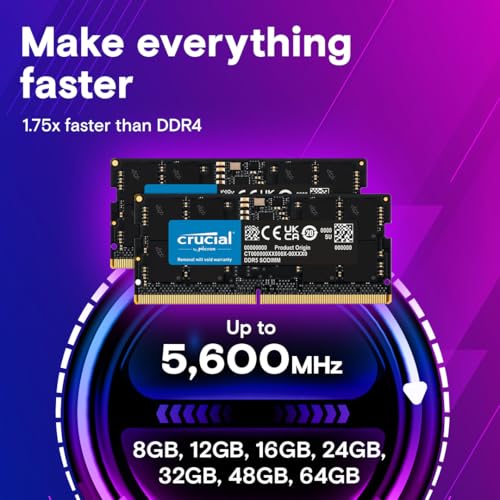 Crucial 32GB DDR5 RAM Kit  2x16GB   5600MHz  or 5200MHz or 4800MHz  Laptop Memory 262 Pin SODIMM  Compatible with Intel Core and AMD Ryzen 7000  Black   CT2K16G56C46S5