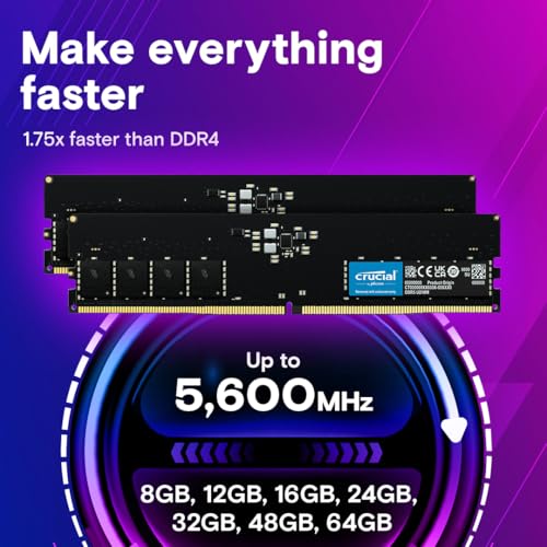 Crucial Memoria de escritorio DDR5 RAM de 64 GB de 5600 MHz (o 5200 MHz o 4800 MHz), UDIMM de 288 pines, compatible con los últimos Intel Core Ultra y AMD Ryzen 8000 y superiores, CT64G56C46U5