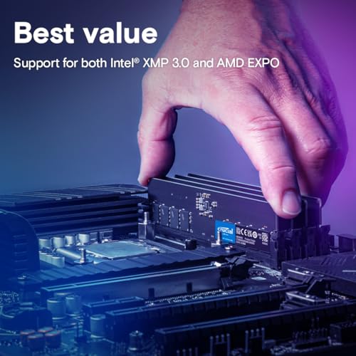 Crucial Memoria de escritorio DDR5 RAM de 64 GB de 5600 MHz (o 5200 MHz o 4800 MHz), UDIMM de 288 pines, compatible con los últimos Intel Core Ultra y AMD Ryzen 8000 y superiores, CT64G56C46U5