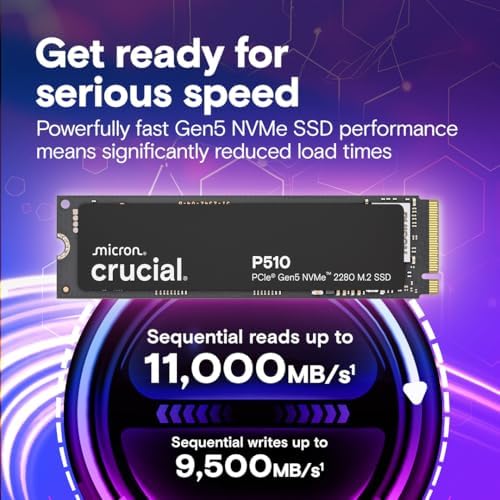 Crucial P510 PCIe Gen5 NVMe 2TB SSD  Up to 10 000MB/s  TLC NAND  Laptop & Desktop  PC  Compatible  for Gamers & Creatives  Solid State Drive   CT2000P510SSD8 01