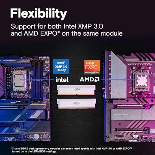 Crucial Pro DDR5 RAM 32GB Kit  2x16GB  6400MHz CL38  Overclocking Desktop Gaming Memory  Intel XMP 3 0 & AMD Expo Compatible   White CP2K16G64C38U5W