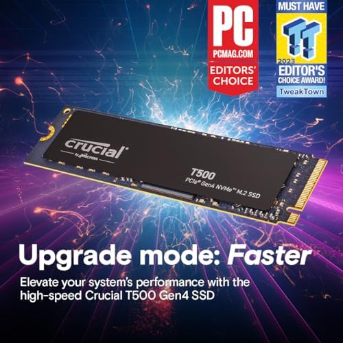 Crucial T500 PCIe Gen4 NVMe 1TB SSD  Up to 7 300MB/s  TLC NAND  Laptop & Desktop  PC  Compatible  for Creatives and Gamers  Solid State Drive  Includes 1Mo Adobe CC   CT1000T500SSD8