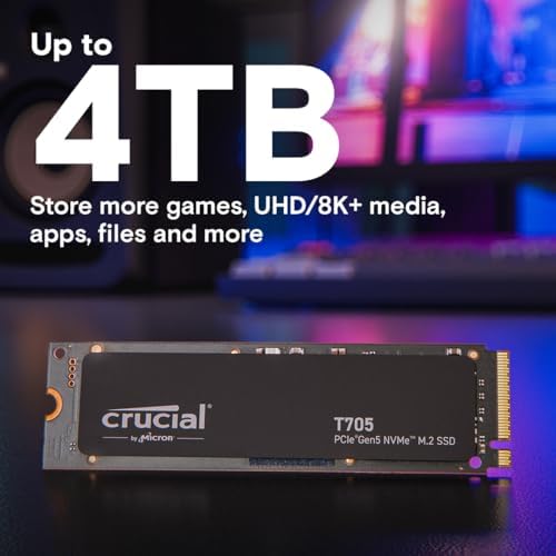 Crucial SSD T705 PCIe Gen5 NVMe de 2 TB, hasta 14,500 MB/s, TLC NAND, compatible con Intel y Ryzen, para juegos duros y almacenamiento de alta velocidad, unidad de estado sólido, incluye 1 Mo Adobe CC - CT2000T705SSD3