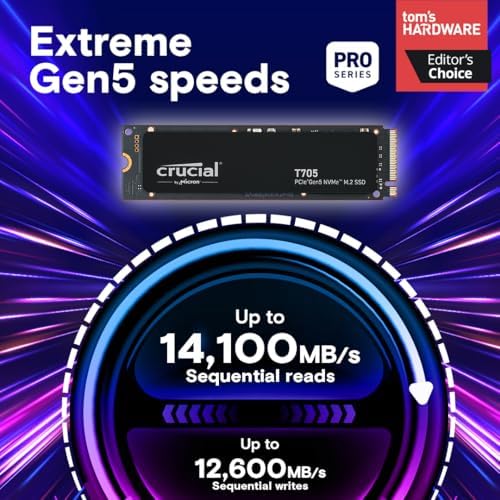 Crucial SSD T705 PCIe Gen5 NVMe de 2 TB, hasta 14,500 MB/s, TLC NAND, compatible con Intel y Ryzen, para juegos duros y almacenamiento de alta velocidad, unidad de estado sólido, incluye 1 Mo Adobe CC - CT2000T705SSD3