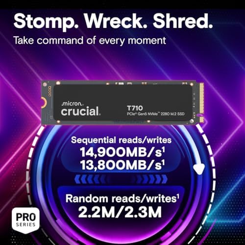 Crucial T710 PCIe Gen5 NVMe 2TB SSD, hasta 14,900 MB/s, compatible con portátiles y equipos de escritorio (PC), para creativos y jugadores hardcore, unidad de estado sólido, incluye 1 mes de Adobe CC
