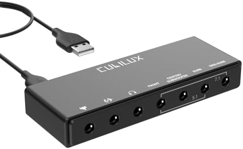 Cubilux 7 1 USB Surround Sound Card  48KHz 384KHz Sample Rate for Headphones  Full Aluminum Alloy USB A External Sound Card for Laptop PC Supports Line in & Stereo Mic in