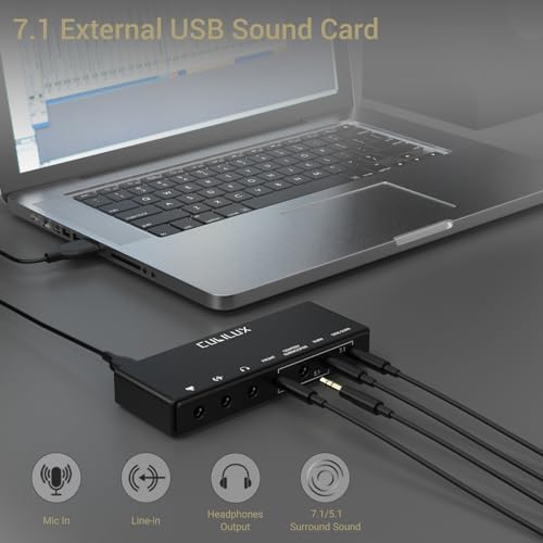 Cubilux 7 1 USB Surround Sound Card  48KHz 384KHz Sample Rate for Headphones  Full Aluminum Alloy USB A External Sound Card for Laptop PC Supports Line in & Stereo Mic in