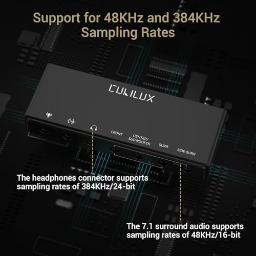 Cubilux 7 1 USB Surround Sound Card  48KHz 384KHz Sample Rate for Headphones  Full Aluminum Alloy USB A External Sound Card for Laptop PC Supports Line in & Stereo Mic in