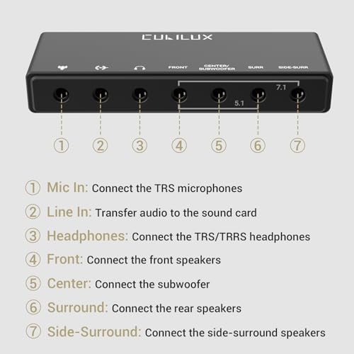 Cubilux 7 1 USB Surround Sound Card  48KHz 384KHz Sample Rate for Headphones  Full Aluminum Alloy USB A External Sound Card for Laptop PC Supports Line in & Stereo Mic in