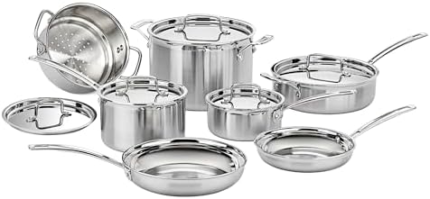 Cuisinart 12 Piece MultiClad Pro Triple Ply Stainless Steel Cookware Set  Heat Surround Technology  Cool Grip Handles  Oven Safe to 500 F  MCPS 12N  Silver