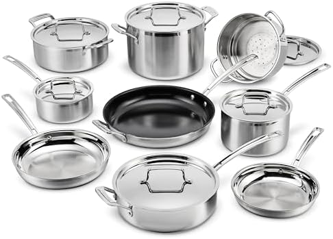 Cuisinart 12 Piece MultiClad Pro Triple Ply Stainless Steel Cookware Set  Heat Surround Technology  Cool Grip Handles  Oven Safe to 500 F  MCPS 12N  Silver