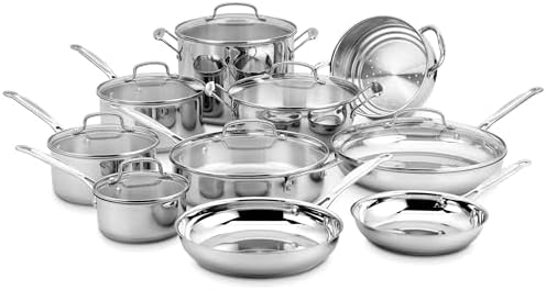 Cuisinart 17 Piece Stainless Steel Cookware Set  Chefs Classic Steel Collection with Pure Aluminum Core for Quick and Even Heat  Cool Grip Handles  Dishwasher Safe  77 17N
