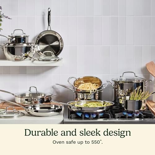 Cuisinart 17 Piece Stainless Steel Cookware Set  Chefs Classic Steel Collection with Pure Aluminum Core for Quick and Even Heat  Cool Grip Handles  Dishwasher Safe  77 17N