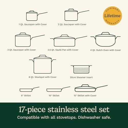 Cuisinart 17 Piece Stainless Steel Cookware Set  Chefs Classic Steel Collection with Pure Aluminum Core for Quick and Even Heat  Cool Grip Handles  Dishwasher Safe  77 17N