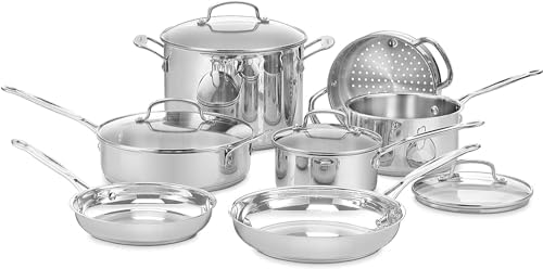 Cuisinart Chef s Classic 11 Piece Stainless Steel Pots and Pans Set  Cookware Set Compatible with Induction  Electric  Gas Cooktops  Aluminum Core for Even Heat  Cool Grip Handles  Dishwasher Safe