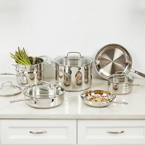Cuisinart Chef s Classic 11 Piece Stainless Steel Pots and Pans Set  Cookware Set Compatible with Induction  Electric  Gas Cooktops  Aluminum Core for Even Heat  Cool Grip Handles  Dishwasher Safe