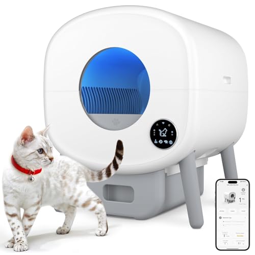Cumrige - Caja de arena autolimpiante, caja de arena automática de gran capacidad para gatos, control con aplicación, protección de seguridad, 2 rollos de bolsas de basura, color blanco y gris