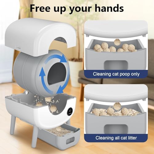 Cumrige - Caja de arena autolimpiante, caja de arena automática de gran capacidad para gatos, control con aplicación, protección de seguridad, 2 rollos de bolsas de basura, color blanco y gris