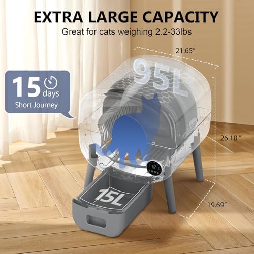 Cumrige Self Cleaning Litter Box  Large Capacity Automatic Cat Litter Box Self Cleaning for Cats  App Control Safety Protection  2 Roll Garbage Bags White & Grey