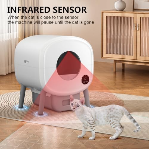 Cumrige Self Cleaning Litter Box  Large Capacity Automatic Cat Litter Box Self Cleaning for Cats  App Control Safety Protection  2 Roll Garbage Bags White & Grey