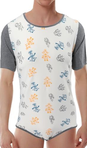 CutiePlusU Mens Cotton Button Crotch Bodysuits Adult Romper Onesie for Men Print