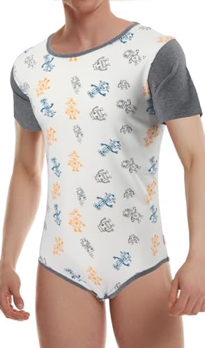 CutiePlusU Mens Cotton Button Crotch Bodysuits Adult Romper Onesie for Men Print