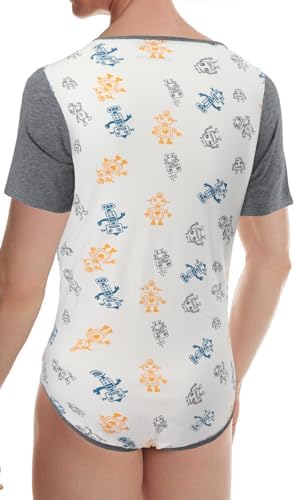 CutiePlusU Mens Cotton Button Crotch Bodysuits Adult Romper Onesie for Men Print