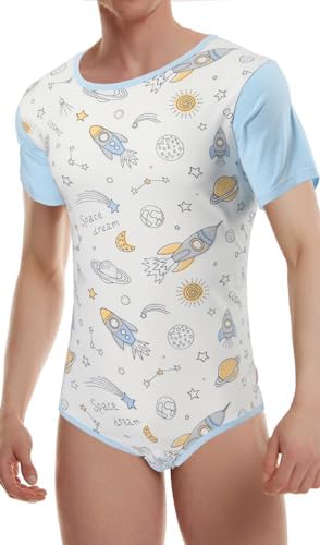 CutiePlusU Mens Cotton Button Crotch Bodysuits Adult Romper Onesie for Men Print