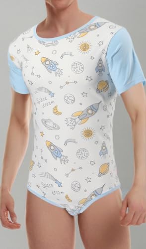 CutiePlusU Mens Cotton Button Crotch Bodysuits Adult Romper Onesie for Men Print