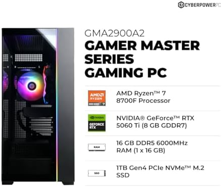 CyberPowerPC Gamer Master Gaming PC, AMD Ryzen 7 8700F 4.1GHz, GeForce RTX 5060 Ti 8GB, 16GB DDR5, 1TB PCIe 4.0 SSD, WiFi Ready y Windows 11 Home (GMA2900A2)