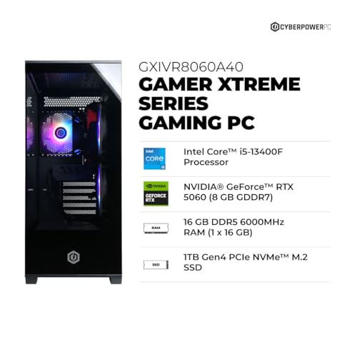 CyberPowerPC Gamer Xtreme VR Gaming PC  Intel Core i5 13400F 2 5GHz  GeForce RTX 5060 8GB  16GB DDR5  1TB PCIe 4 0 SSD  WiFi Ready & Windows 11 Home  GXiVR8060A40 