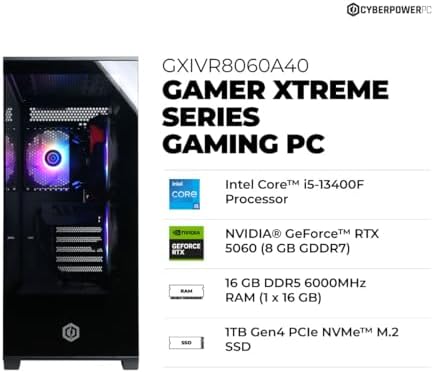 CyberPowerPC Gamer Xtreme VR Gaming PC  Intel Core i5 13400F 2 5GHz  GeForce RTX 5060 8GB  16GB DDR5  1TB PCIe 4 0 SSD  WiFi Ready & Windows 11 Home  GXiVR8060A40 