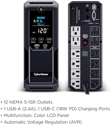 CyberPower BRG1500AVRLCD2 Intelligent LCD UPS Battery Backup and Surge Protector  1500VA/900W  12 Outlets 2 USB Ports  AVR  Mini Tower  UL Certified  5 Year Warranty