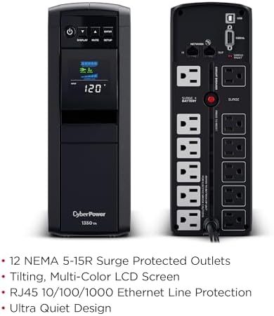 CyberPower CP1350PFCLCD PFC Sinewave UPS Battery Backup and Surge Protector  1350VA/880W  12 Outlets  AVR  Mini Tower  UL Certified