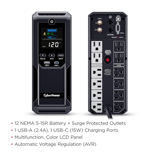 CyberPower CP1500AVRLCD3 Intelligent LCD UPS System  1500VA/900W  12 Outlets  2 USB Ports  AVR  Mini Tower  Black