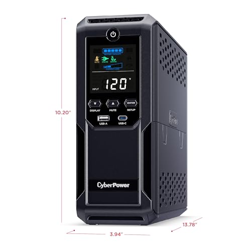 CyberPower CP1500AVRLCD3 Intelligent LCD UPS System  1500VA/900W  12 Outlets  2 USB Ports  AVR  Mini Tower  Black