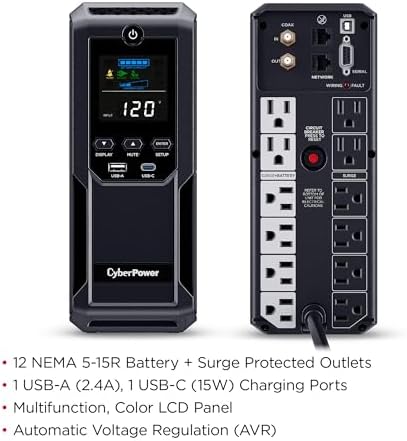 CyberPower CP1500AVRLCD3 Intelligent LCD UPS Battery Backup and Surge Protector  1500VA/900W  12 Outlets  2 USB Ports  AVR  Mini Tower  UL Certified