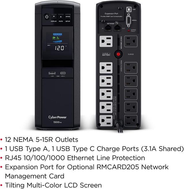 CyberPower CP1500PFCLCD PFC Sinewave UPS Systems   1500VA/1000W  120 VAC  NEMA 5 15P  Mini Tower  Sine Wave  12 Outlets  LCD  PowerPanel