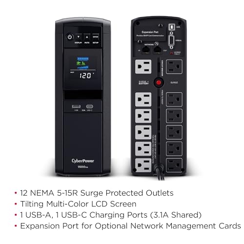 CyberPower CP1500PFCLCD PFC Sinewave UPS Battery Backup and Surge Protector  1500VA/1000W  12 Outlets  AVR  Mini Tower; UL Certified