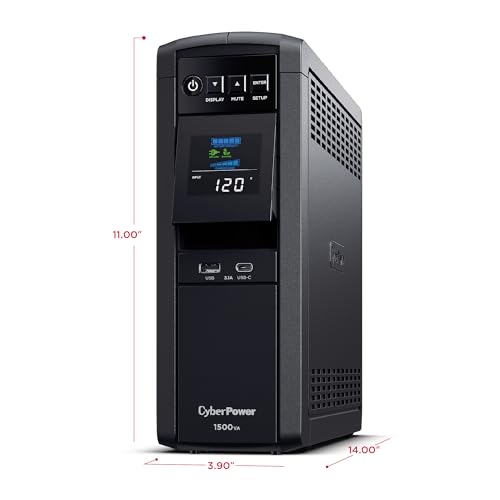 CyberPower CP1500PFCLCD PFC Sinewave UPS Battery Backup and Surge Protector  1500VA/1000W  12 Outlets  AVR  Mini Tower; UL Certified