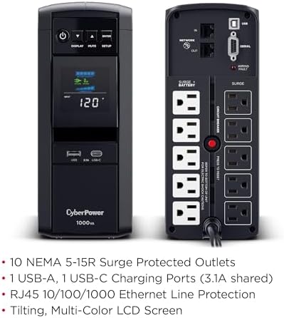 CyberPower CP1500PFCLCD PFC Sinewave UPS Battery Backup and Surge Protector  1500VA/1000W  12 Outlets  AVR  Mini Tower; UL Certified
