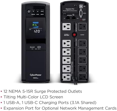 CyberPower CP1500PFCLCD PFC Sinewave UPS Battery Backup and Surge Protector  1500VA/1000W  12 Outlets  AVR  Mini Tower; UL Certified