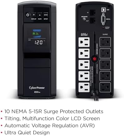 CyberPower CP850PFCLCD PFC Sinewave UPS Battery Backup and Surge Protector  850VA/510W  10 Outlets  AVR  Mini Tower; UL Certified