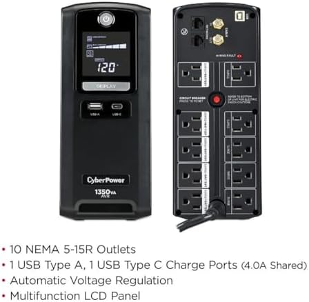 CyberPower CST135UC 1350VA/810W Simulated Sinewave LCD Sistema UPS de respaldo de batería, negro