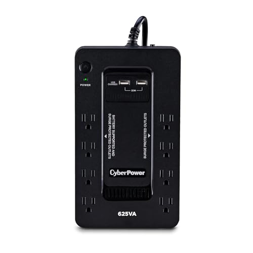 CyberPower Sistema UPS Standby ST625U, 625VA/360W, 8 tomacorrientes, 2 puertos de carga USB, compacto, negro