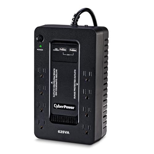 CyberPower Sistema UPS Standby ST625U, 625VA/360W, 8 tomacorrientes, 2 puertos de carga USB, compacto, negro