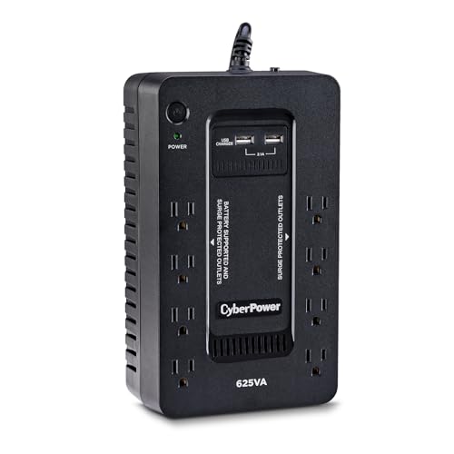 CyberPower Sistema UPS Standby ST625U, 625VA/360W, 8 tomacorrientes, 2 puertos de carga USB, compacto, negro